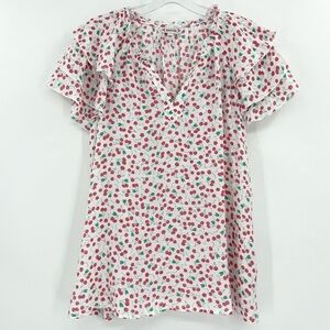 NWT Nanette Lepore Cherry Print Tiered Ruffle Sleeve Blouse Top Size Large